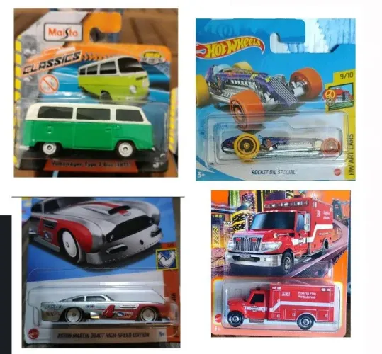 Lote com 4 miniaturas, 2 Hot Wheels, 1 Maisto e uma Matchbox