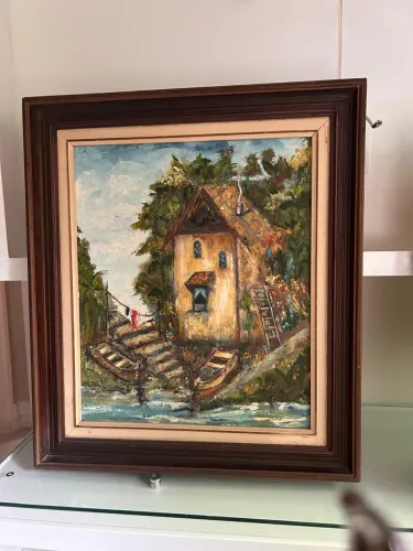 Quadro moldura de madeira pintado a mão em tela medida 67x78