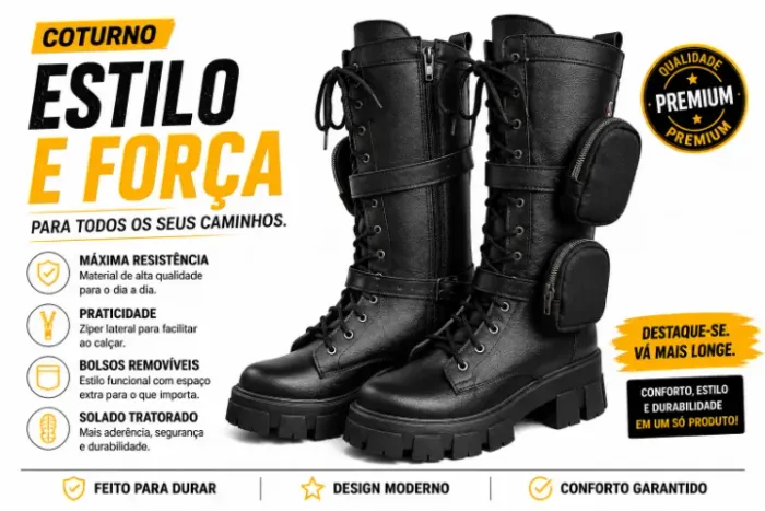 Coturno Feminino Cano Alto Tratorado Bota Preto Com Bolsinha