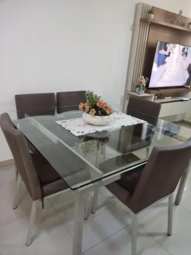 ? Mesa de Jantar em Vidro com 6 Cadeiras - Inox | Vidro Bisotado 10mm