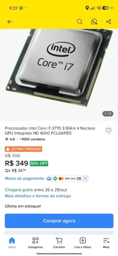 i7 3770 3.9ghz 4 núcleos gpu integrada