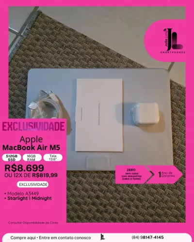 MACBOOK AIR M5, 512GB, 16GB RAM, TELA 13.6 POL., ZERO, SEM CAIXA, LANÇAMENTO!