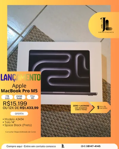 MACBOOK PRO M5, 1TB, 24GB RAM, TELA 14?, CHIP M5, LACRADO, LANÇAMENTO!!