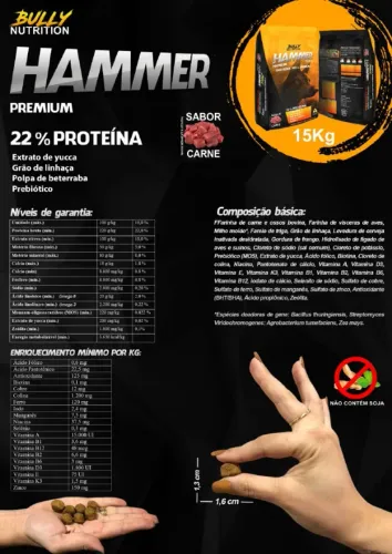 Ração Bully Nutrition Hammer 15kg Premium 22% Proteína
