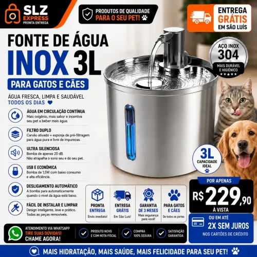 Fonte de Água Inox 3L para Gatos e Cães | Filtro Duplo | Entrega Grátis