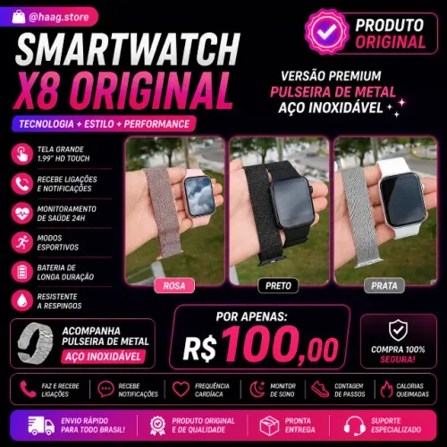 Smartwatch Iwo X8(Faz/Recebe Ligações,batimentos,pressão,lê msg Whatsapp)+pulseira metal