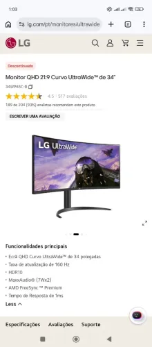 Monitor Gamer LG 34 LED Ultra Wide Curvo, 160 Hz, QHD, 1ms