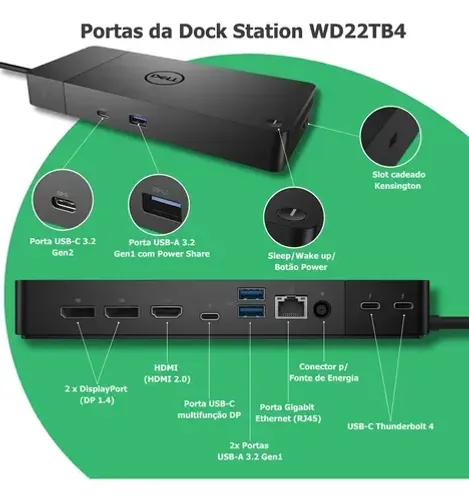 Dock Station Dell WD22tb4 130w Usb-C Thunderbolt 4 Hdmi D-port Rj45 4K