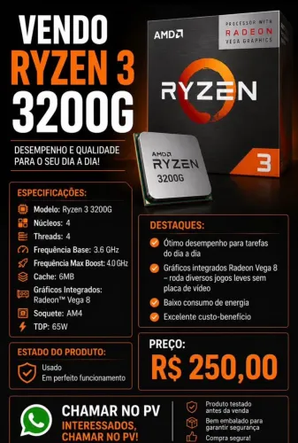 Processador Amd Ryzen 3 3200G vídeo integrado. mais informações na descrição ou pv