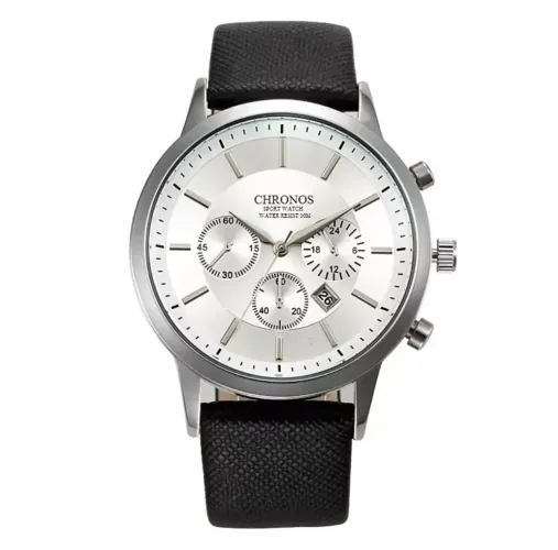 Relógio Elegante CHRONOS Sport Watch Silver Black White CH04 Pulseira Couro Diâmetro 43mm