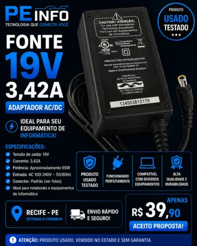Fonte Notebook 19V 3.42A Carregador Bivolt Para Notebook