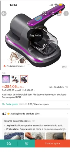 Aspirador de Pó Portátil Sem Fio Escova Removedor de Ácaro Recarregável USB