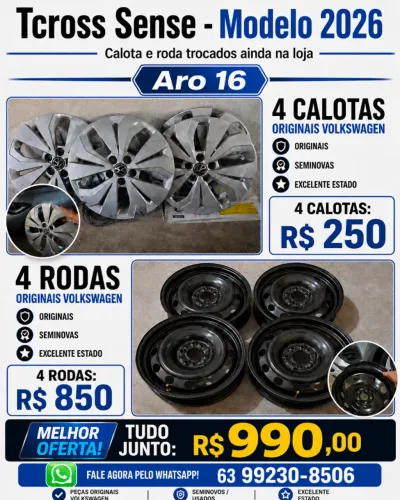 Jogo de Rodas Aro 16 + Calotas Originais VW T-Cross Sense (Retiradas na Concessionária)
