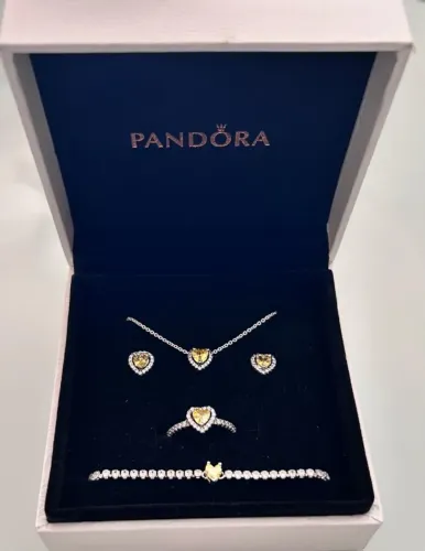 kit Pandora coração amarelo corrente, pulseira, anel brincos S925