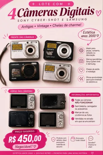 Lote com 4 câmeras digitais antigas Sony Cyber-shot e Samsung - Não funcionam - Para peças