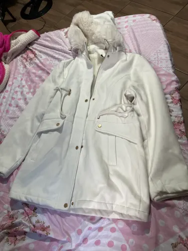 Jaqueta parka lã batida longa manga feminina
