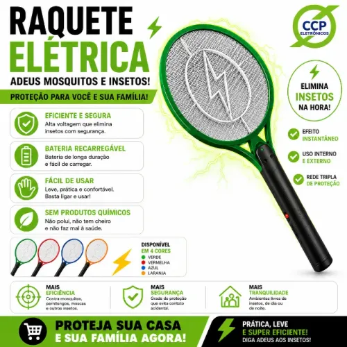 Raquete Elétrica Recarregável 110v/220v Mata Pernilongo, Mosquito, Mosca, Insetos.