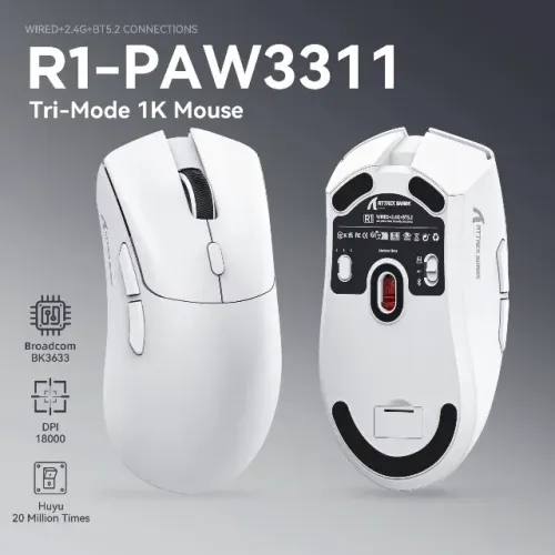 Mouse Gamer Sem fio Pixel Art R1, 18000DPI, BT, WIFI, PAW3311, 39G, Branco, 12x 13,22