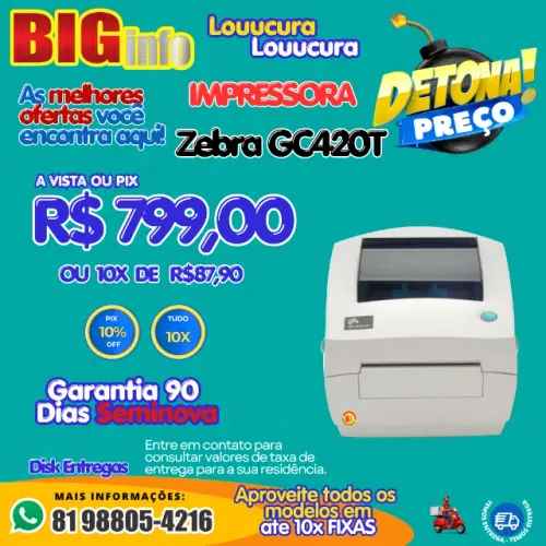 Impressora Termica de Etiquetas Zebra GC420T - Em ate 10x Fixas