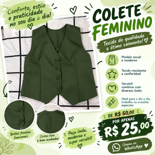 Colete Feminino Verde Militar | Estiloso e Moderno | R$50 por R$25,00