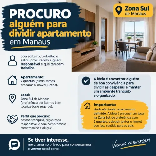Procuro alguém para dividir apartamento na zona Sul de Manaus