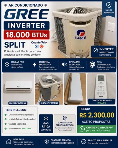 Ar-Condicionado Gree Inverter 18.000 BTUs + Controle Remoto