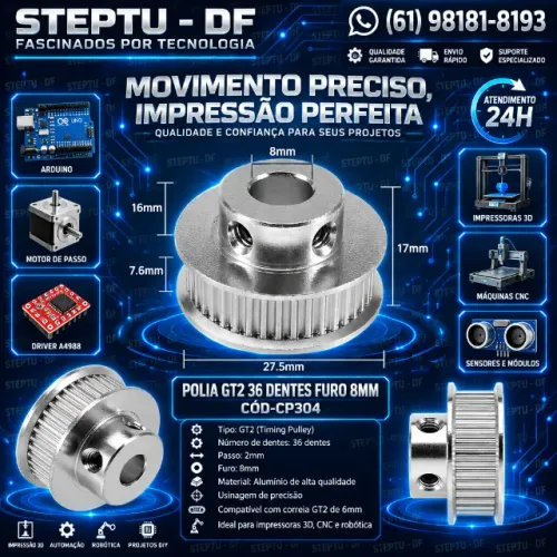 Polia Gt2 36 Dentes Furo 8mm Arduino Automação Robotica COD-CP304
