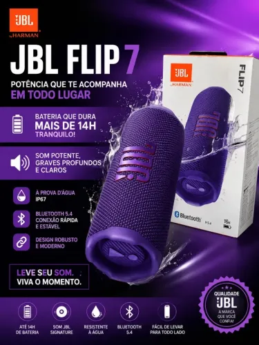 JBL Flip 7 Roxa Original Bluetooth 5.4 - Caixa de Som Portátil +14h de Bateria