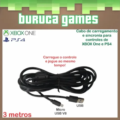 Cabo de 3 metros para controles XBOX One Fat, Slim, X e Dualshock 4 de PS4