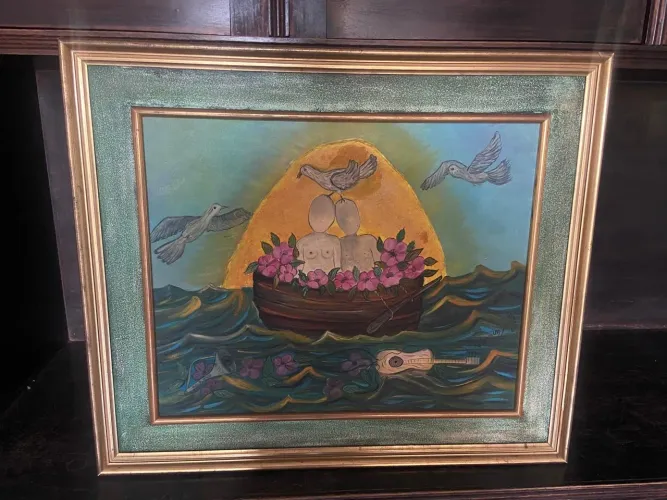 Quadro Romântico com Barco e Pássaros