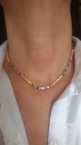 Colar riviera coração colorido no banho de ouro 41CM 3MM