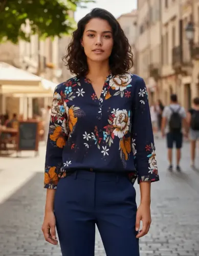 blusa azul-marinho estampada linda!