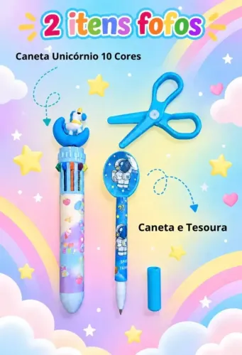 Papelaria Fofa Caneta 10Cores Unicórnio Azul e Tesoura Presente Natal Amigo Oculto Criança