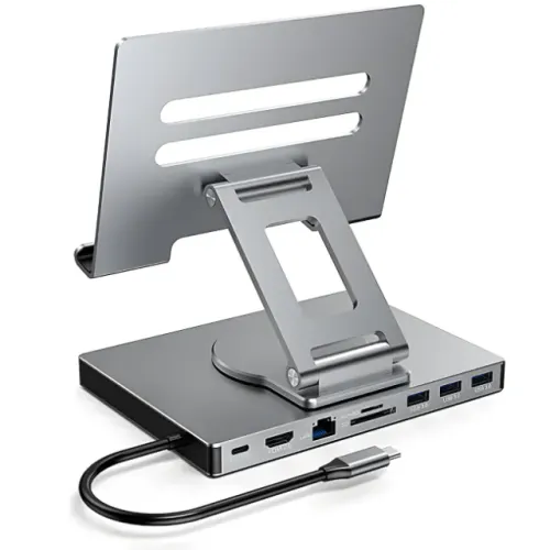 Suporte Giratório com Dock Hub 9em1 USB-C para iPad Samsung Galaxy Tab HDMI Gigabit USB3.0