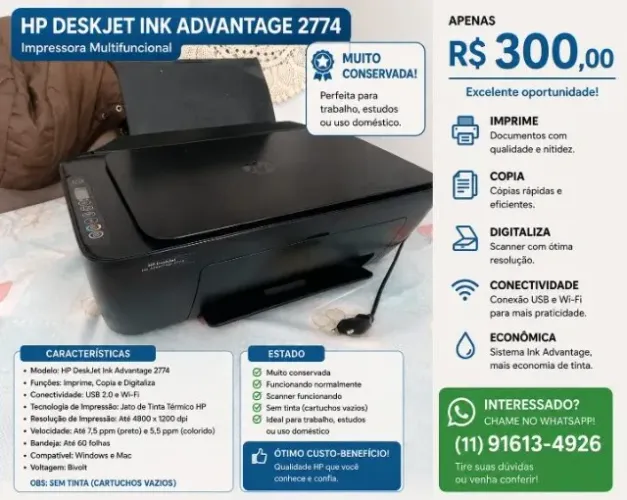 IMPRESSORA HP DESKJET INK ADVANTAGE 2774