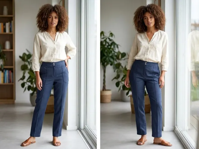 Calça em linho cor azul bolsos laterais e elástico na cintura na parte de trás Tam M