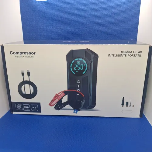 Auxiliar de partida carro e moto e compressor de ar portátil com lanterna 