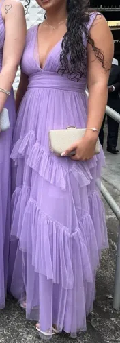 vestido longo lavanda com brilho