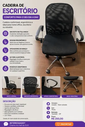 Cadeira de Escritório Ergonômica - Preta