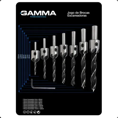 Jogo Kit Brocas Escariadora 8 Peças Madeira Piloto Gamma