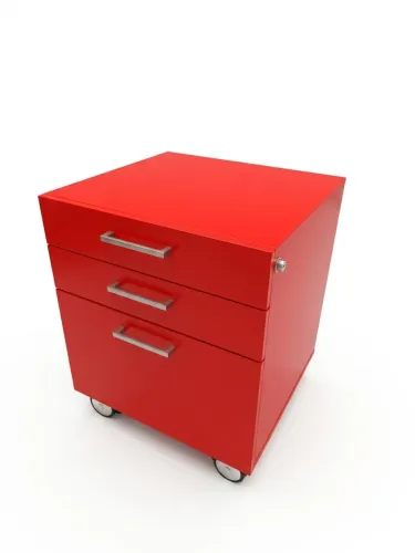 Gaveteiro vermelho escritorio com 2 gavetas e 1 porta pastas.