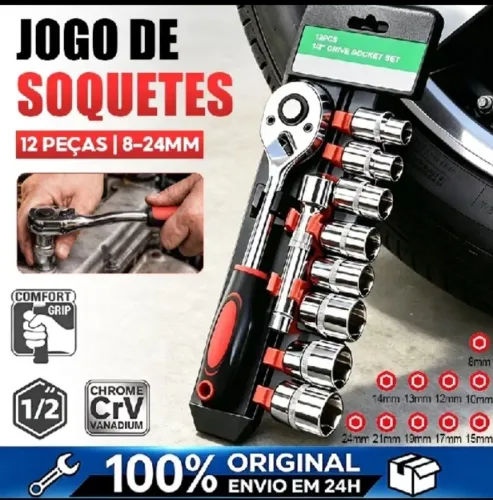 Jogo de Soquete Sextavado 8 a 24mm 1/2" Catraca Reversível Aço 12 Peças