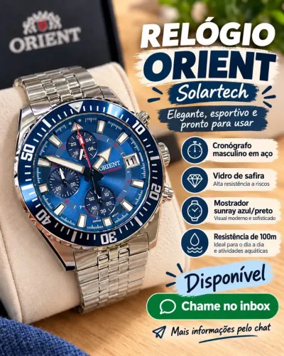 Relogio Orient Solartech Cronografo Mostrador Azul Pulseira Aco
