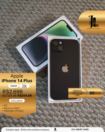 IPHONE 14 PLUS, 5G, CHIP ESIM, 128GB, PRETO, SEMINOVO, EXCLUSIVO!