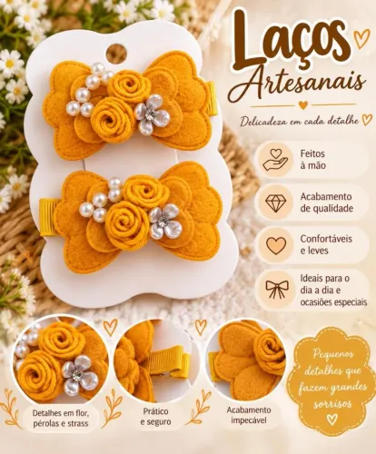 Par de Laços Infantis Artesanais Amarelo-Dourado com Pérolas