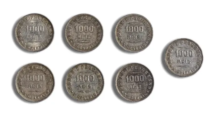 Lote de 7 Moedas de 1000 Réis Brasileiros - SOB. 90% Prata. Anos 1906 a 1912