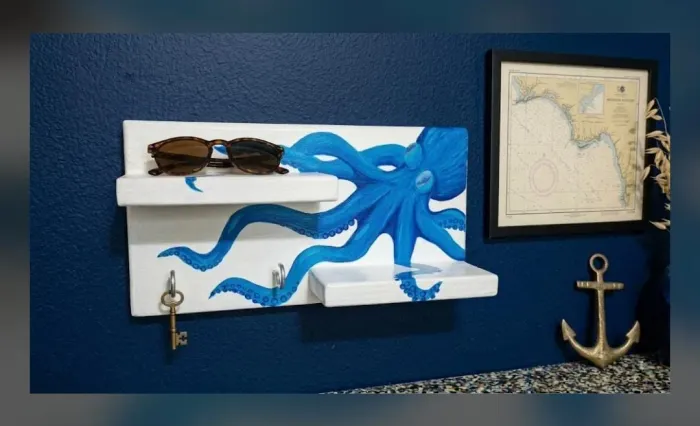Porta chaves de madeira Com lugar para celular, carteira e outros objetos.