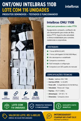 Lote com 116 ONUs Intelbras 110B GPON | Testadas | Funcionando | Ideal para Provedores