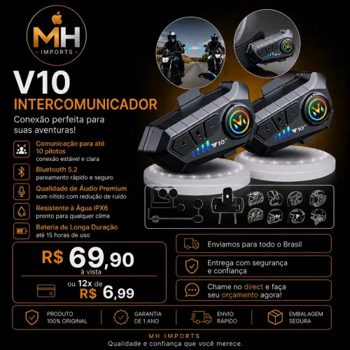 INTERCOMUNICADOR V10 BLUETOOTH PARA CAPACETE - R$ 69,90!