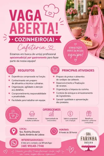 Vaga cozinheira cafeteria.
